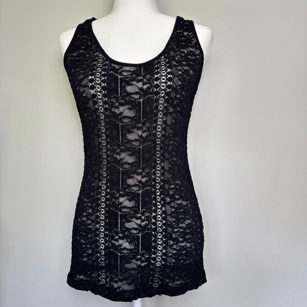 Givenchy Paris Slim Fit Tank Top-Mesh Textured Floral Lace-Black-Women's Large